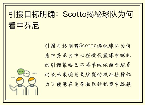 引援目标明确：Scotto揭秘球队为何看中芬尼
